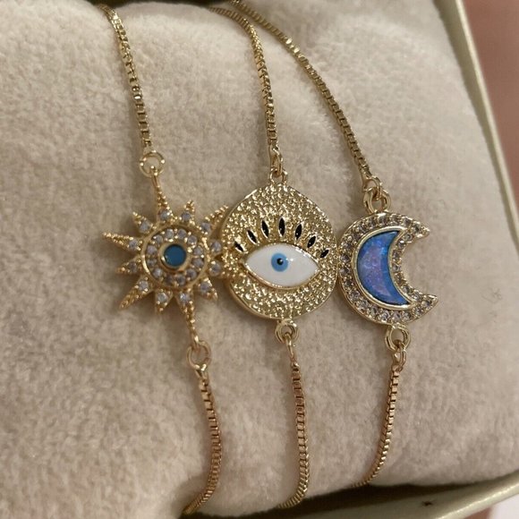ARM CANDY BY EYE CANDY 3pc 18KT GP EVIL EYE, MOON, SUN CZ BRACELET SET**NEW! - Picture 2 of 5